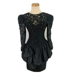 Vintage 80s Dress Prom Black Lace Big Bow Peplum